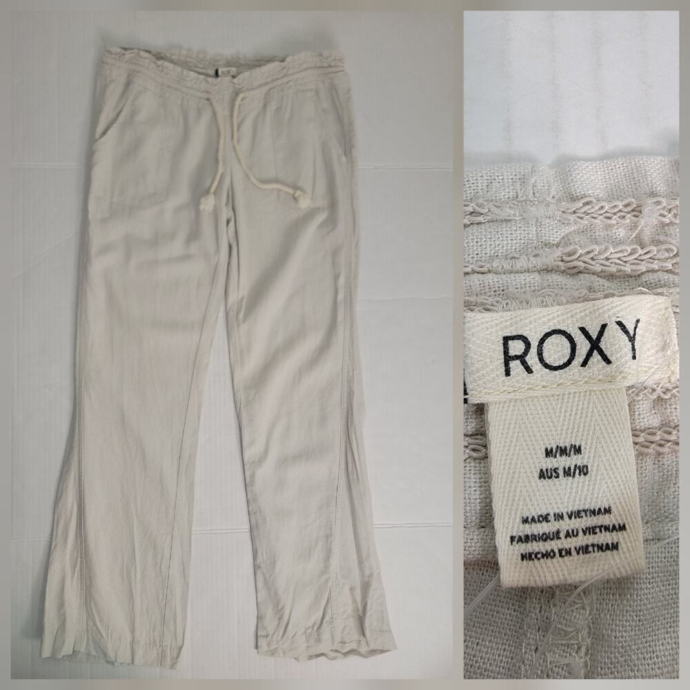 Roxy Linen Blend Pants Womens Sz M Low Rise Straight Drawstring Pockets Relaxed